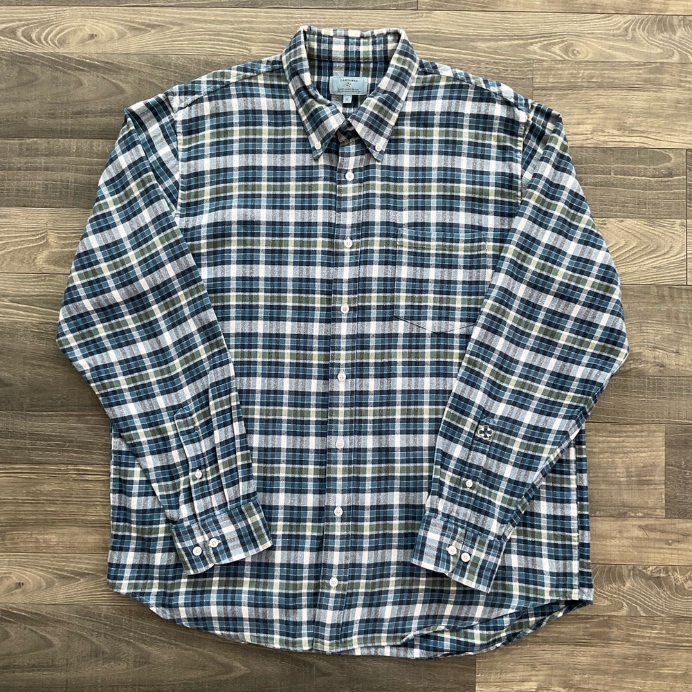 Castaway Nantucket Island Flannel Shirt Mens XL Blue Green White Plaid Button Up